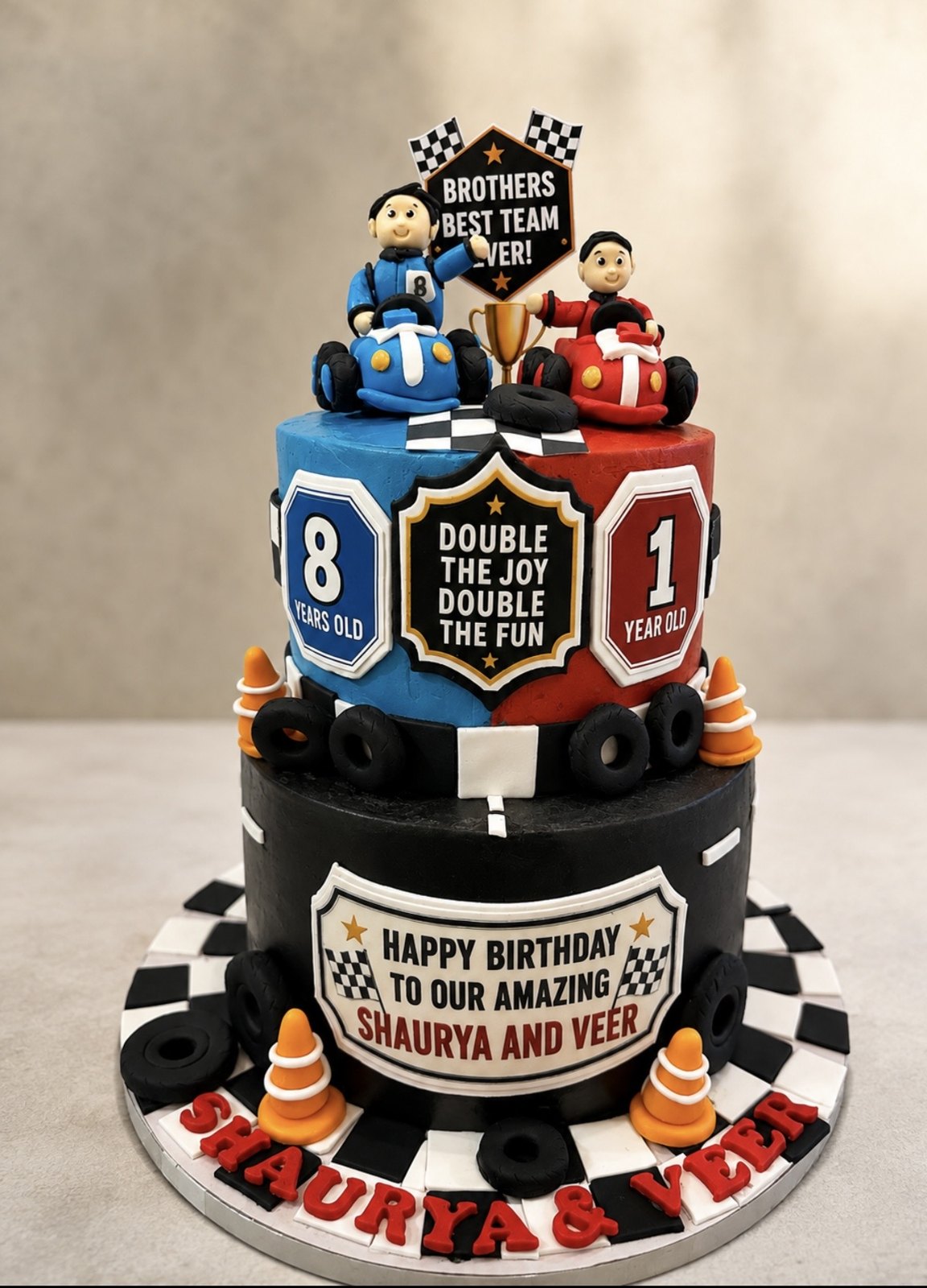 Two-tier racing cake with handmade driver figures and personalised birthday decorations